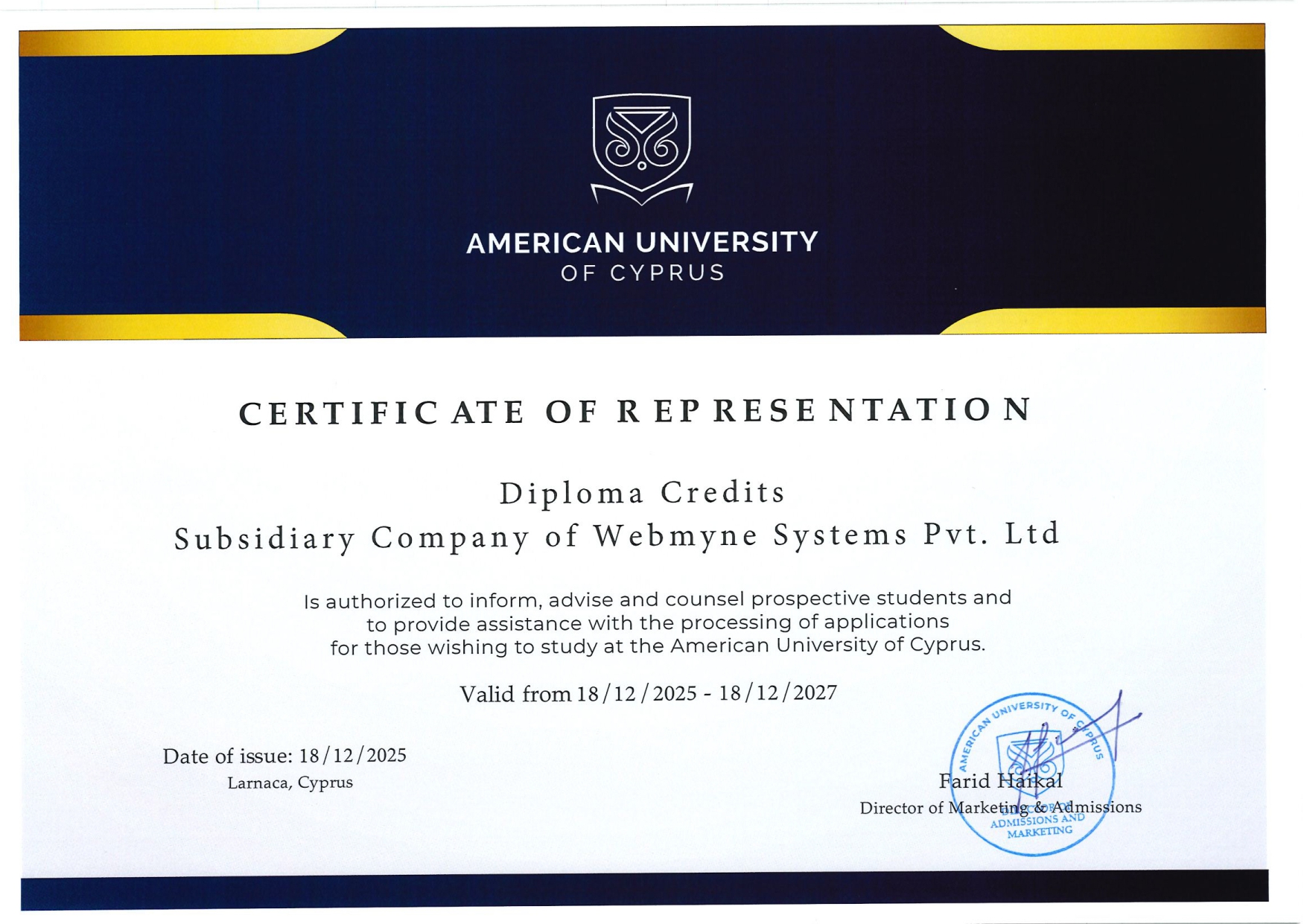 Certificate of American University of Cyprus